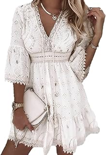 Womens Fringe Boho Floral Lace V Neck Flowy A Line Dress