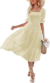 MEROKEETY Women’s Summer Square Neck Puff Sleeve Midi Dress