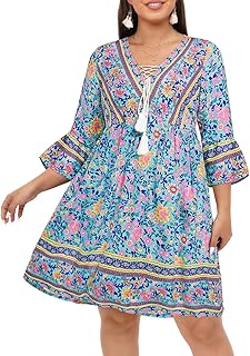 Plus Size Boho Floral V Neck Tassel Bell Sleeve Mini Dress